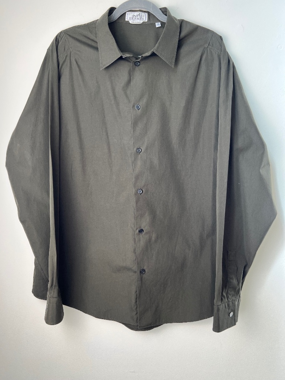 Hermès Deep Olive/Brown Button Front Long Sleeve Shirt Luxury Designer 44 (17.5)